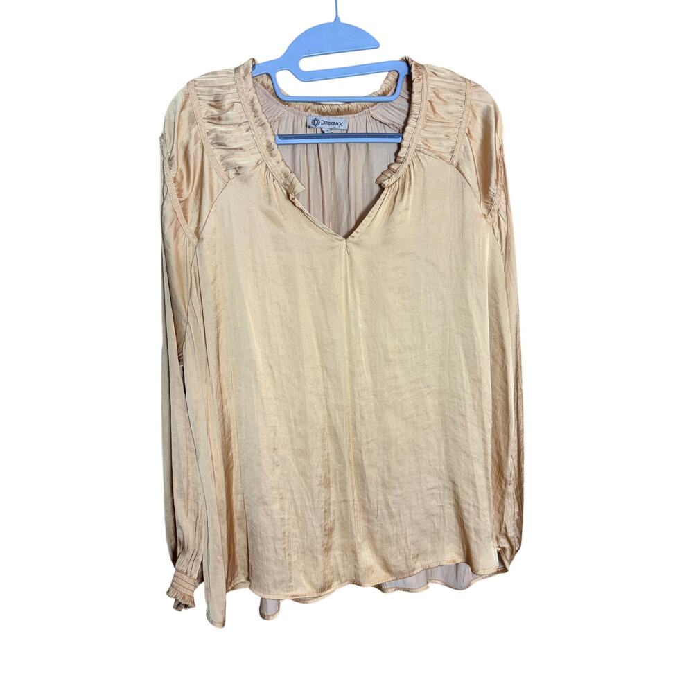 Democracy Satin Peasant Blouse Gold Mustard Boho Long‎ Sleeve Top Size 1X Flowy